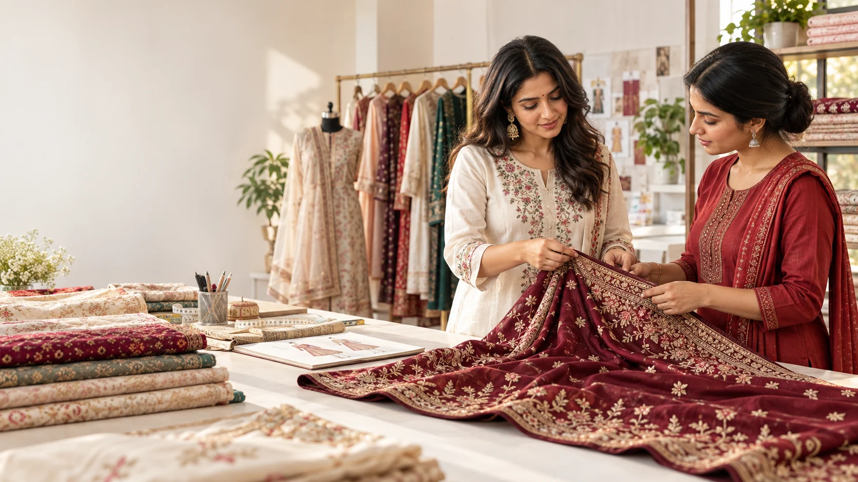 Chahat Fashion team examining detailed maroon fabric