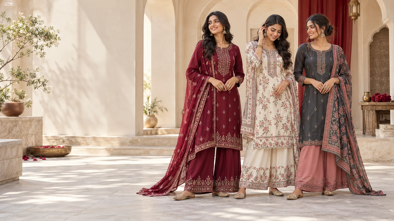 Three women presenting flowing embroidered palazzo sets in a sunlit courtyard