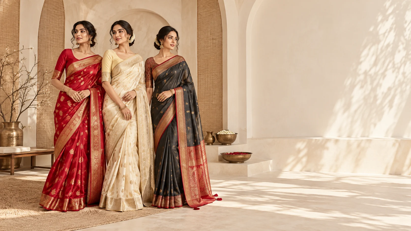 Three women presenting red, ivory, and charcoal sarees with gold borders